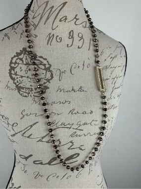 Long Beaded Necklace with Rectangular Crystal Accent - Brown